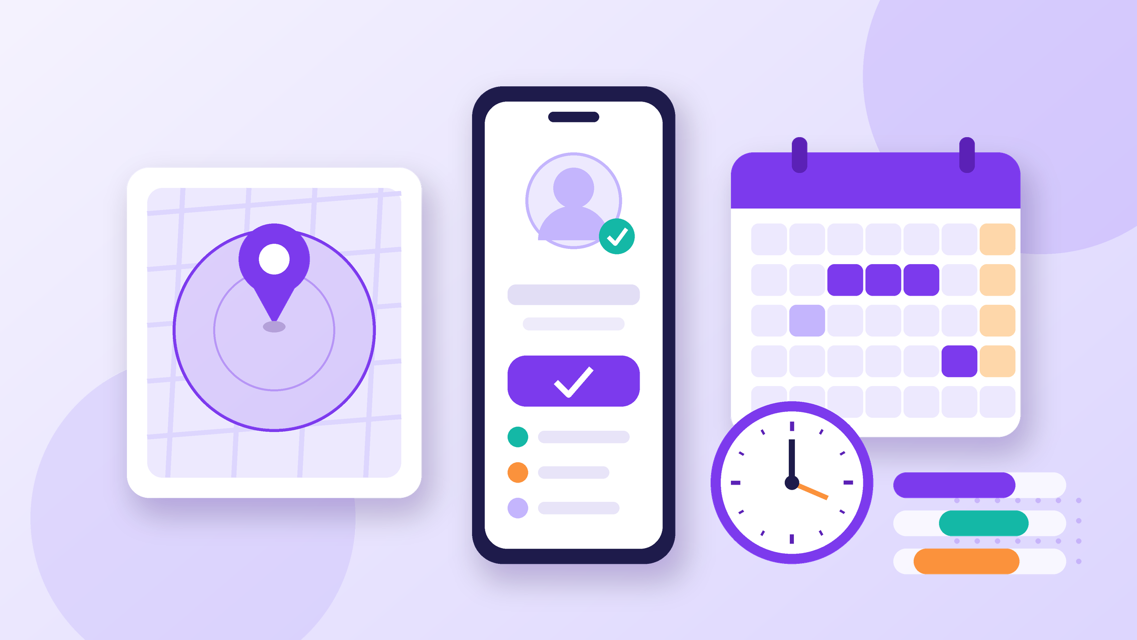 Attendance software India illustration: smartphone selfie check-in, GPS geo-fence pin, leave calendar, clock and shift bars on a lavender background