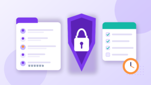 DPDP Act for HR illustration: an employee records folder, a security shield with a lock and a compliance checklist