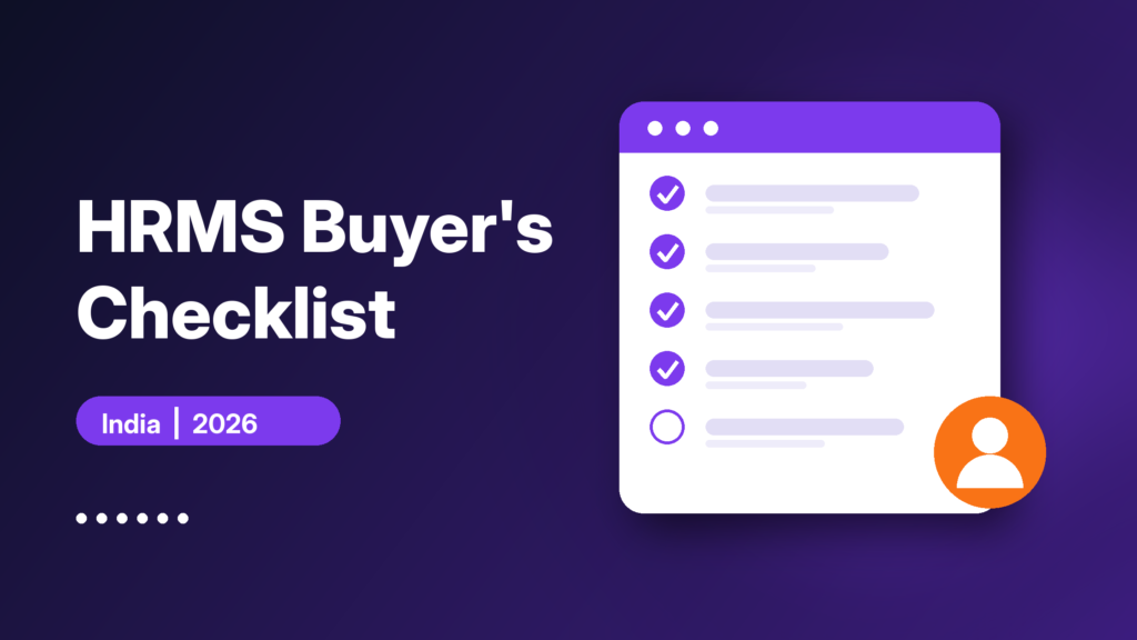 Illustration of an HRMS buyer's checklist with ticked items on a purple background
