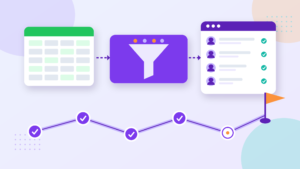 HRMS implementation checklist: employee data moving from a spreadsheet through a cleanup step into an HR system, with a rollout roadmap of milestones