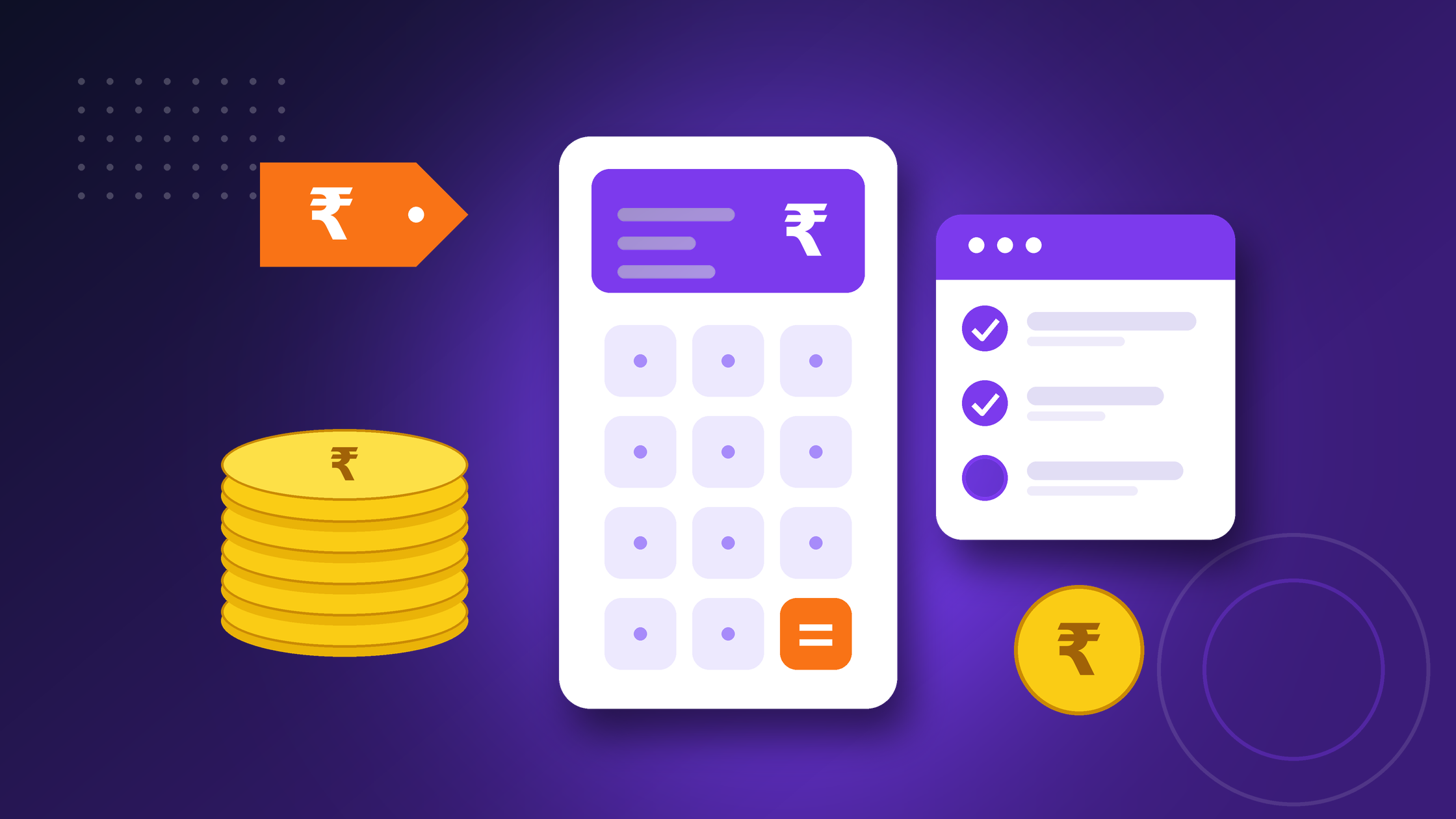 Illustration of HRMS pricing in India: a calculator, rupee coins, a price tag and a checklist on a purple background