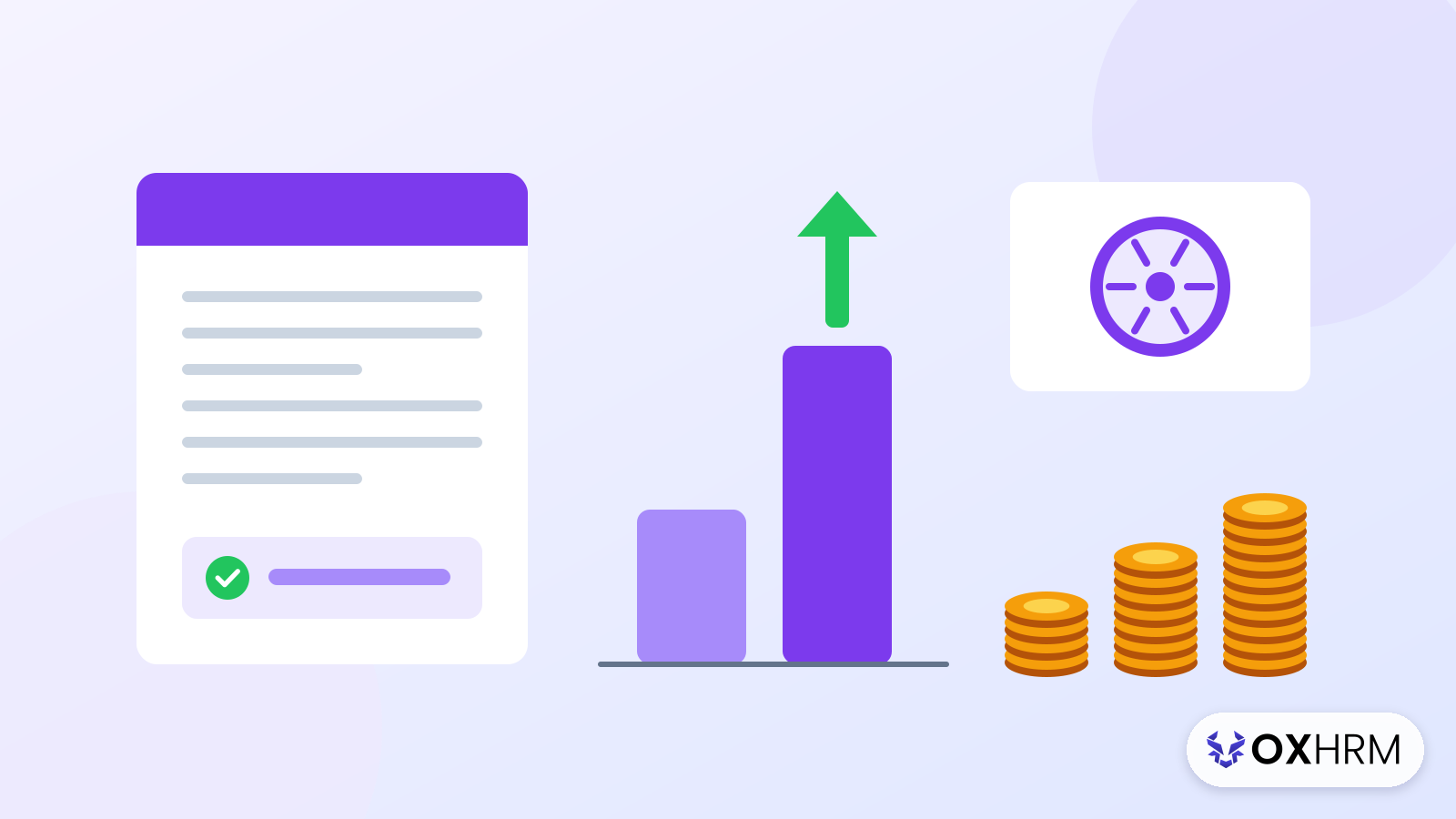 PF wage ceiling 25000 illustration: payslip, a taller salary bar with an up arrow and coin stacks, with the OXHRM logo